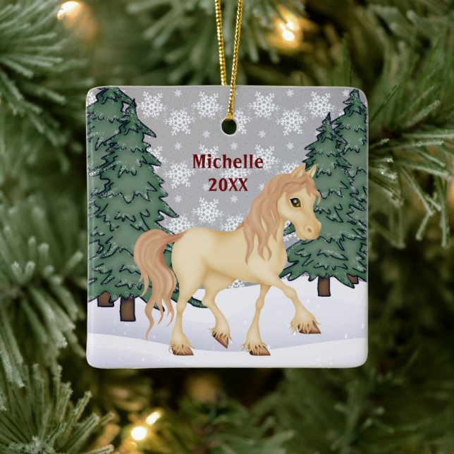 Personalised Cream Horse Winter Forest Christmas Ceramic Ornament (Tree)