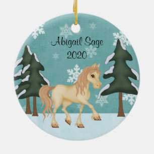 Personalised Cream Horse ~ Winter Forest Christmas Ceramic Tree Decoration
