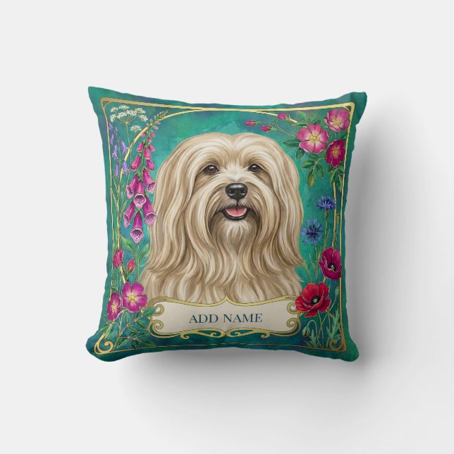 Personalised Cream Lhasa Apso Floral Cushion (Front)