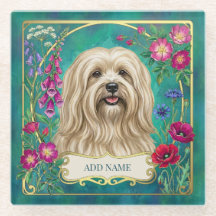 Personalised Cream Lhasa Apso Floral Glass Coaster