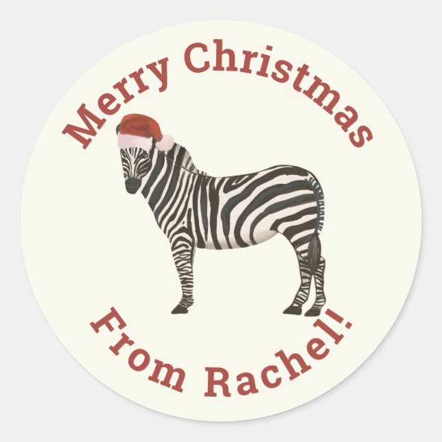 Personalised Cream Merry Christmas Santa Zebra Classic Round Sticker (Front)