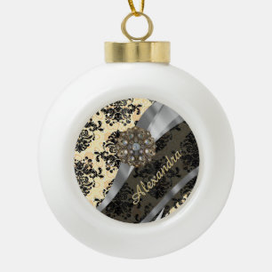 Personalised cream pretty girly damask pattern ceramic ball christmas ornament