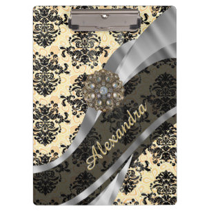 Personalised cream pretty girly damask pattern clipboard