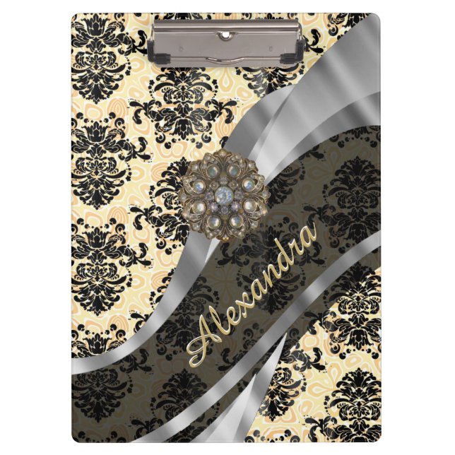 Personalised cream pretty girly damask pattern clipboard (Front)
