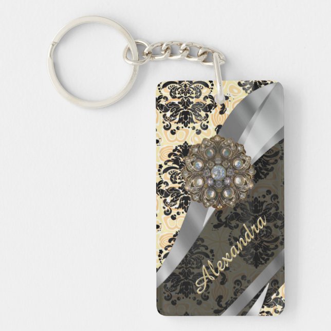 Personalised cream pretty girly damask pattern key ring (Front)