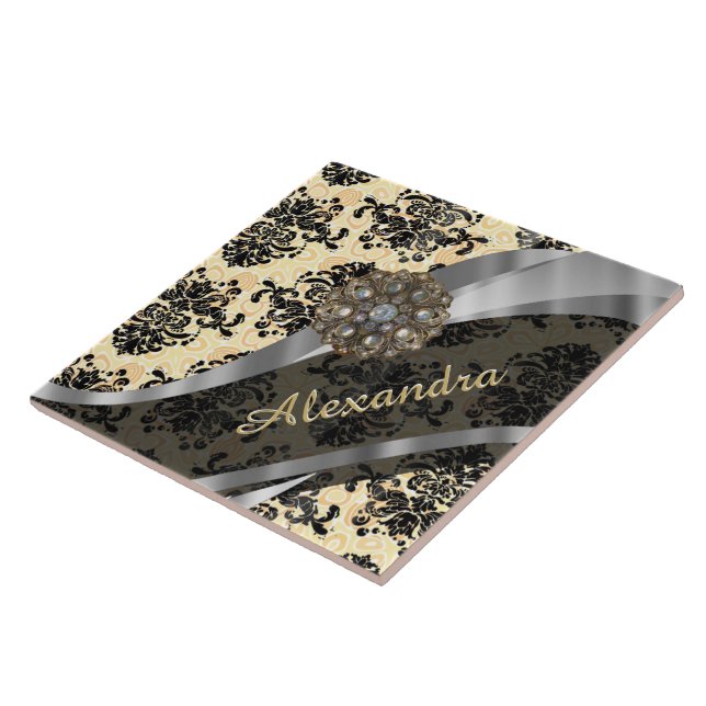 Personalised cream pretty girly damask pattern tile (Side)