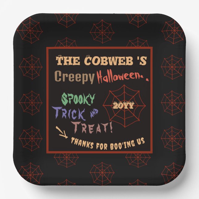 Personalised Creepy Colourful Halloween Spider Web Paper Plate (Front)