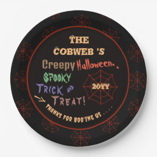 Personalised Creepy Colourful Halloween Spider Web Paper Plate