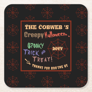 Personalised Creepy Colourful Halloween Spider Web Square Paper Coaster