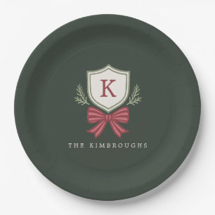 Personalised Crest Bow Monogram Christmas Party Paper Plate