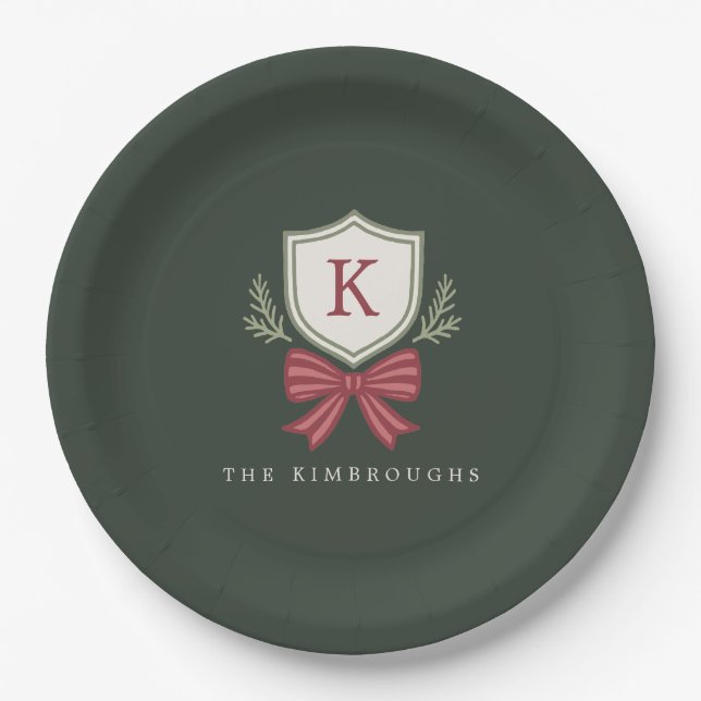 Personalised Crest Bow Monogram Christmas Party Paper Plate (Front)
