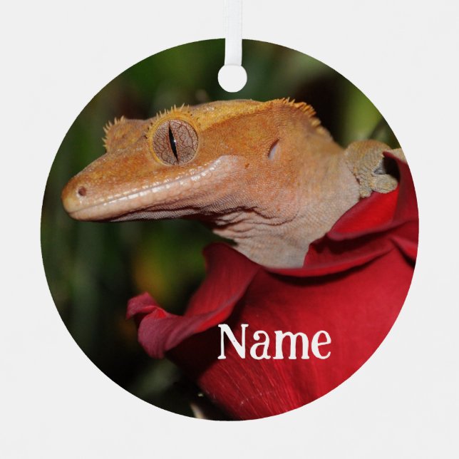 Personalised Crested Gecko Lizard on a Rose Metal Tree Decoration (Front)