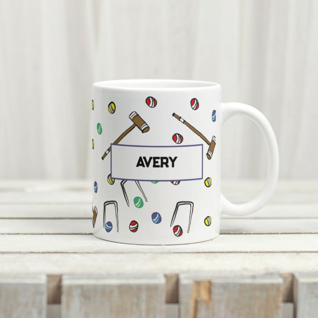 Personalised Croquet Mallets Hand-Illustrated Boho Coffee Mug (This personalized croquet pattern is hand-drawn and unique. A great gift for a croquet player!
)