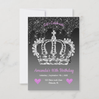 Personalised Crown & Dripping Glitter Birthday Invitation