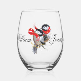 Personalised Cuddling Chickadees Christmas Stemless Wine Glass