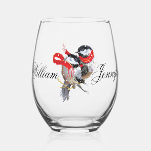 Personalised Cuddling Chickadees Christmas Stemless Wine Glass