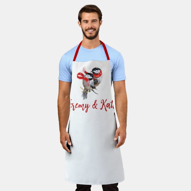 Personalised Cuddling Christmas Chickadees Apron (Worn)