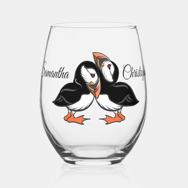 Personalised Cuddling Puffins Stemless Wine Glass (Front)