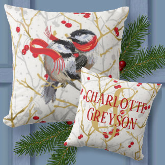 Personalised Cuddling Winter Chickadees  Cushion