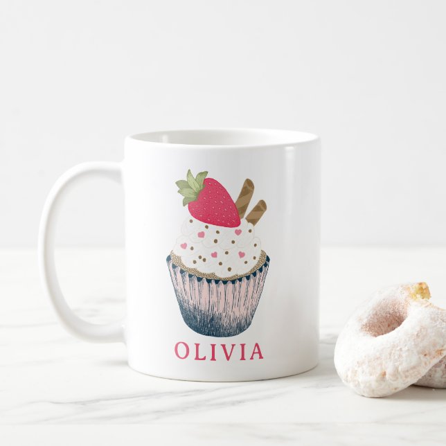 Personalised Cupcake Mug – Cute Pink Birthday Gift (With Donut)