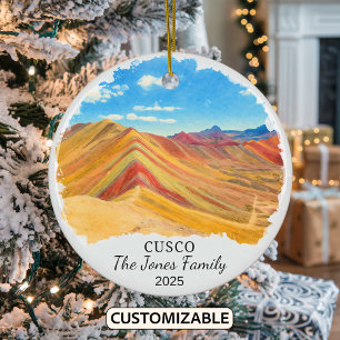 Personalised Cusco Ornament, Peru Rainbow Mountain Ceramic Tree Decoration