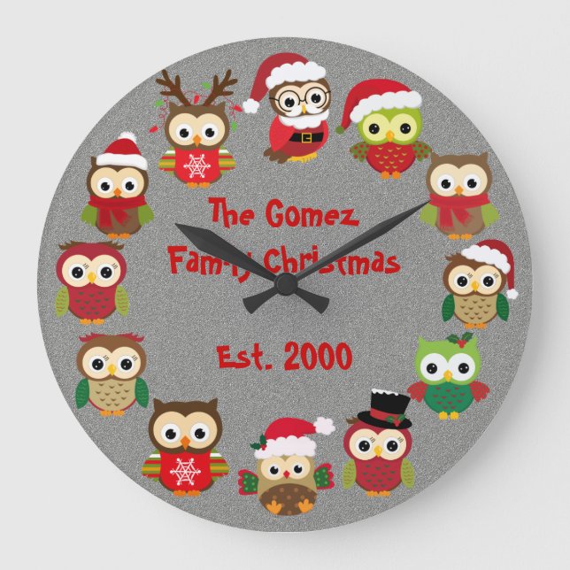 Personalised Custom Christmas Silver Owl Clock (Front)