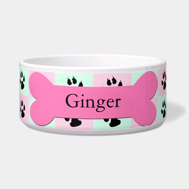 Personalised Custom Dog Bowl -- Pink Dog Bone (Front)