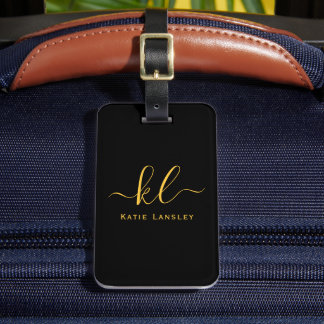 Personalised Custom Elegant Script Black Gold Luggage Tag