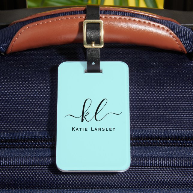 Personalised Custom Elegant Script Light Blue Luggage Tag (Front Insitu 2)