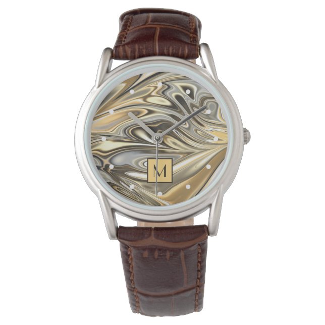 Personalised Custom Gold Silver Grey Marbled Art Watch (Front)