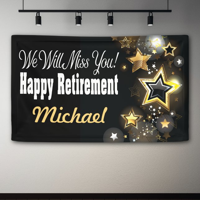 Personalised Custom Gold Star Retirement Banner (Retirement Banner send off party idea. Wish someone a happy retirement. Elegant and classy. )