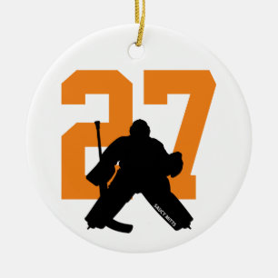 Personalised Custom Hockey Goalie Number Orange Ceramic Tree Decoration