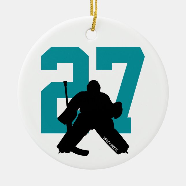 Personalised Custom Hockey Goalie Number Teal Ceramic Tree Decoration (Front)
