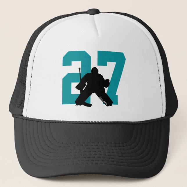 Personalised Custom Hockey Goalie Number Teal Trucker Hat (Front)