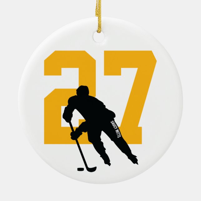 Personalised Custom Hockey Player Number Gold Ceramic Tree Decoration (Back)