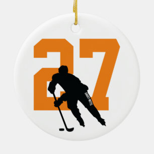 Personalised Custom Hockey Player Number Orange Ceramic Tree Decoration