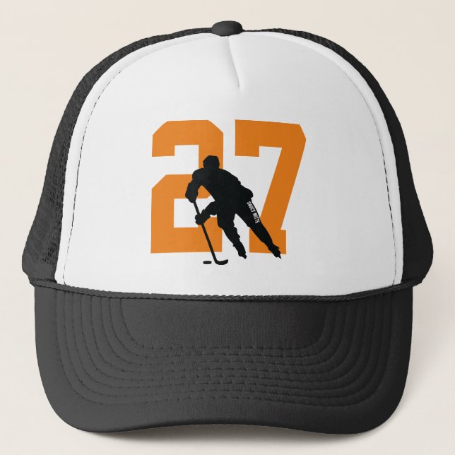Personalised Custom Hockey Player Number Orange Trucker Hat (Front)