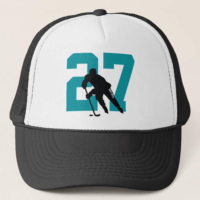 Personalised Custom Hockey Player Number Teal Trucker Hat (Front)