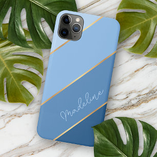 Personalised Custom Light Dark Blue Gold Stripes iPhone 11 Pro Max Case