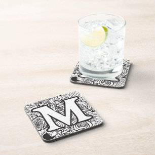 Personalised Custom Monogram Black and White Flora Coaster