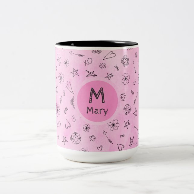 Personalised Custom Name and Monogram pink Mary Two-Tone Coffee Mug (Center)