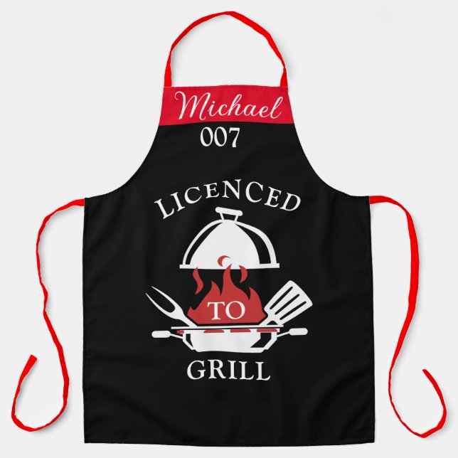 Personalised Custom Name Aprons, Licenced To Grill Apron (Front)