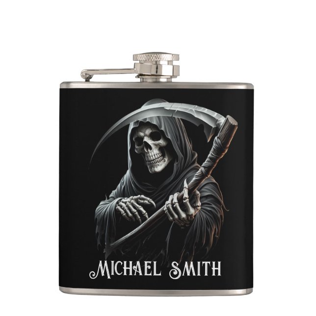 Personalised Custom Name Black Grim Reaper Hip Flask (Front)