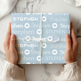 Personalised Custom Name Blue Heart Pattern Wrapping Paper