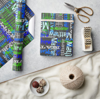 Personalised Custom Name Collage Blue Birthday Wrapping Paper