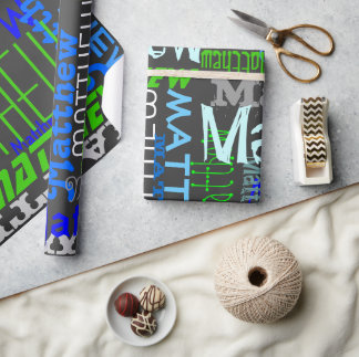 Personalised Custom Name Collage Blue Birthday Wrapping Paper