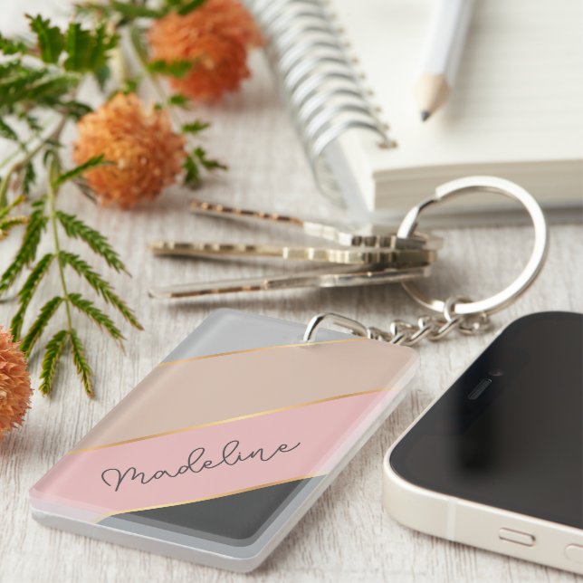 Personalised Custom Name Coral Blush Pink Lines Key Ring (Front Right)