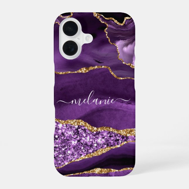 Personalised Custom Name Purple Gold Glitter iPhone 16 Case (Back)