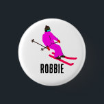 Personalised Custom Name Retro Pink Skier Girl 3 Cm Round Badge<br><div class="desc">Ski opening! Cool winter-themed skier pattern design with skiers skiing down alpine ski resort slopes among snow-covered fir trees in the alps. Freeride skiers are wearing colourful vintage retro ski suits, skiing downhill with skis on a pastel pink snowy mountain landscape background. Wonderful winter sports fun gift for a skier...</div>