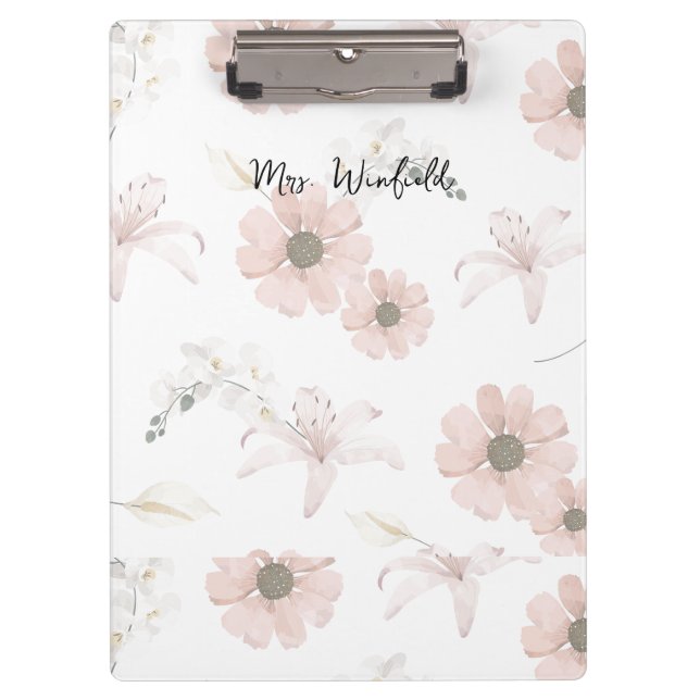 Personalised Custom Name Teacher Pink flowers Clipboard (Front)